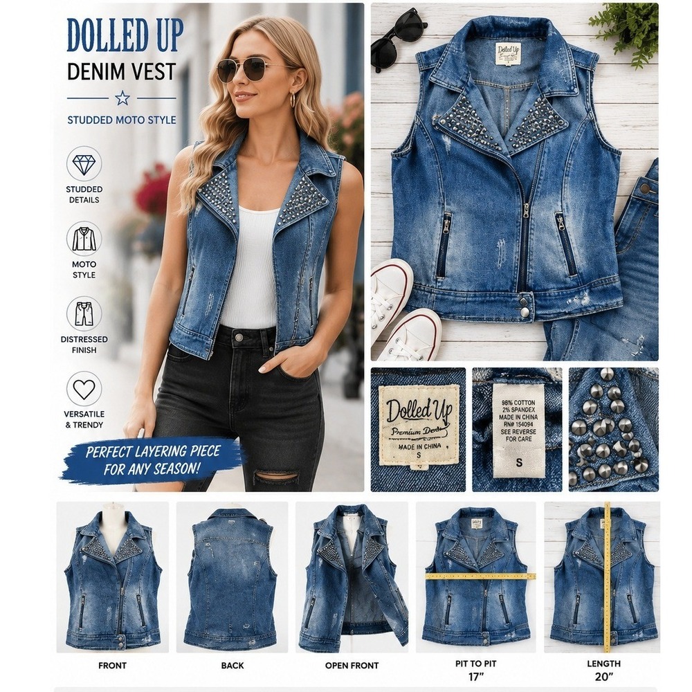 Dolled Up Studded Denim Moto Vest Womens Small Blue Distressed Biker Y2K
